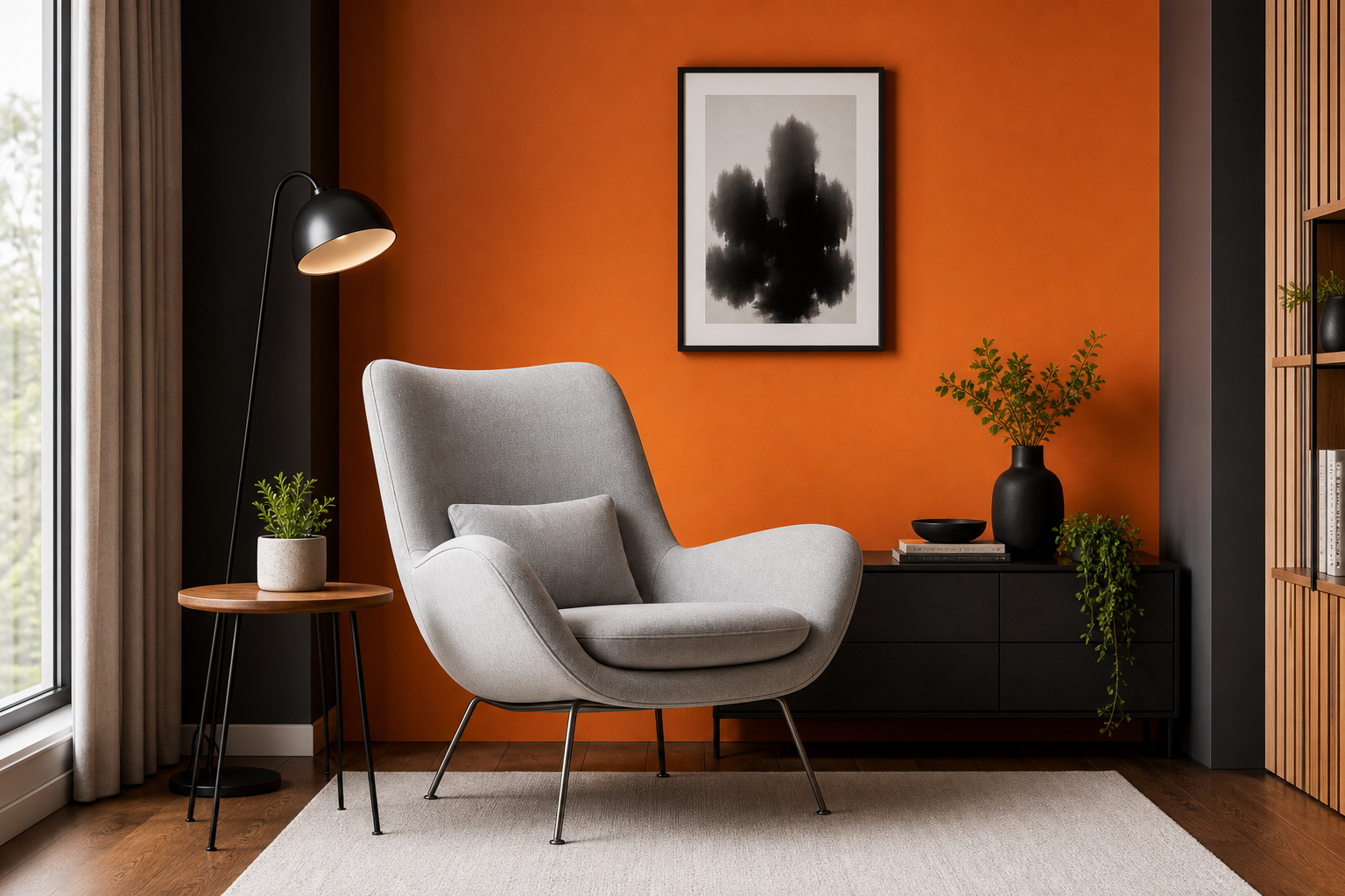 Accent room with orange wall, lounge chair, lamp, and framed artwork