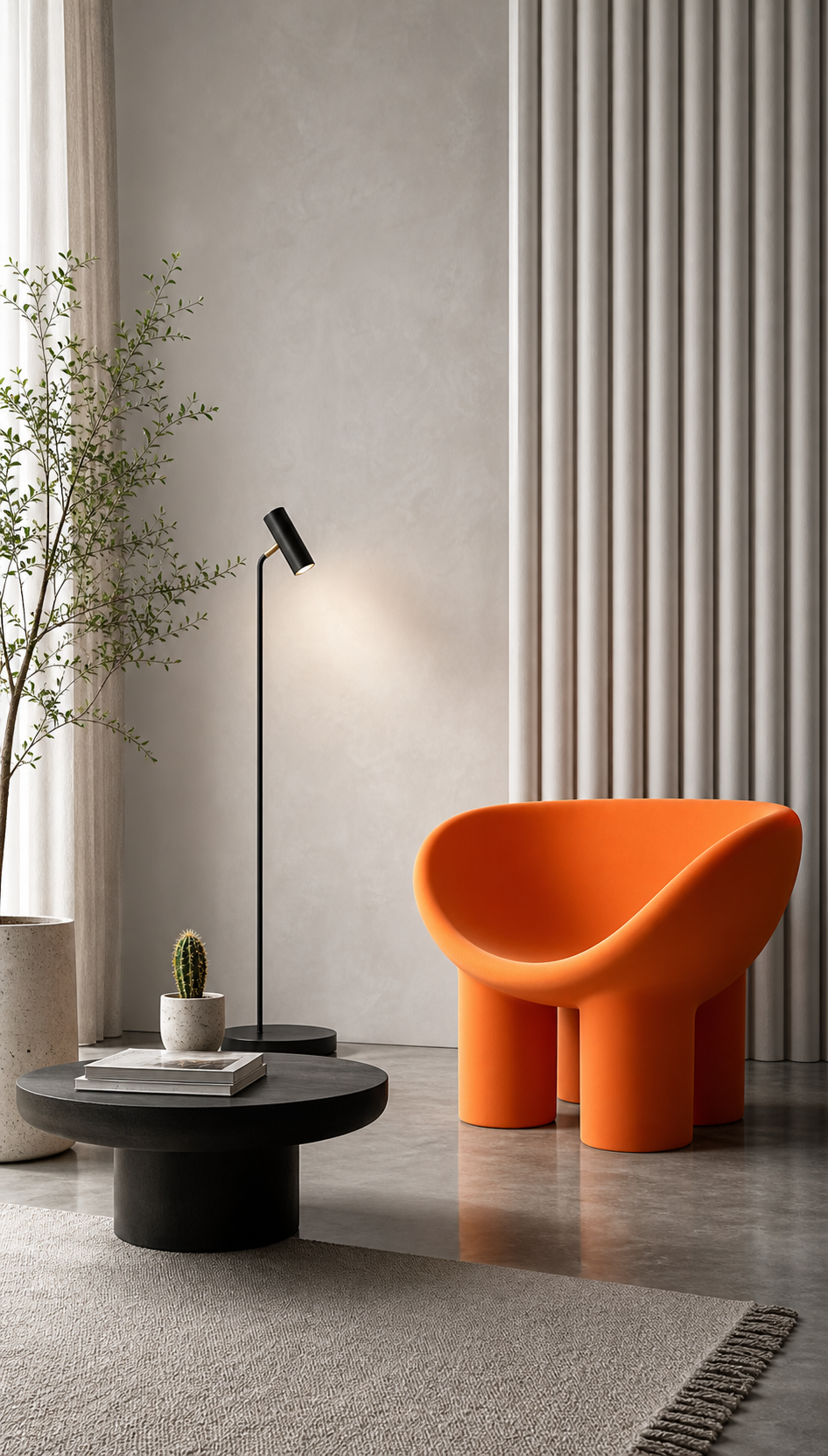 Minimal interior with sculptural orange chair, lamp, and round black coffee table