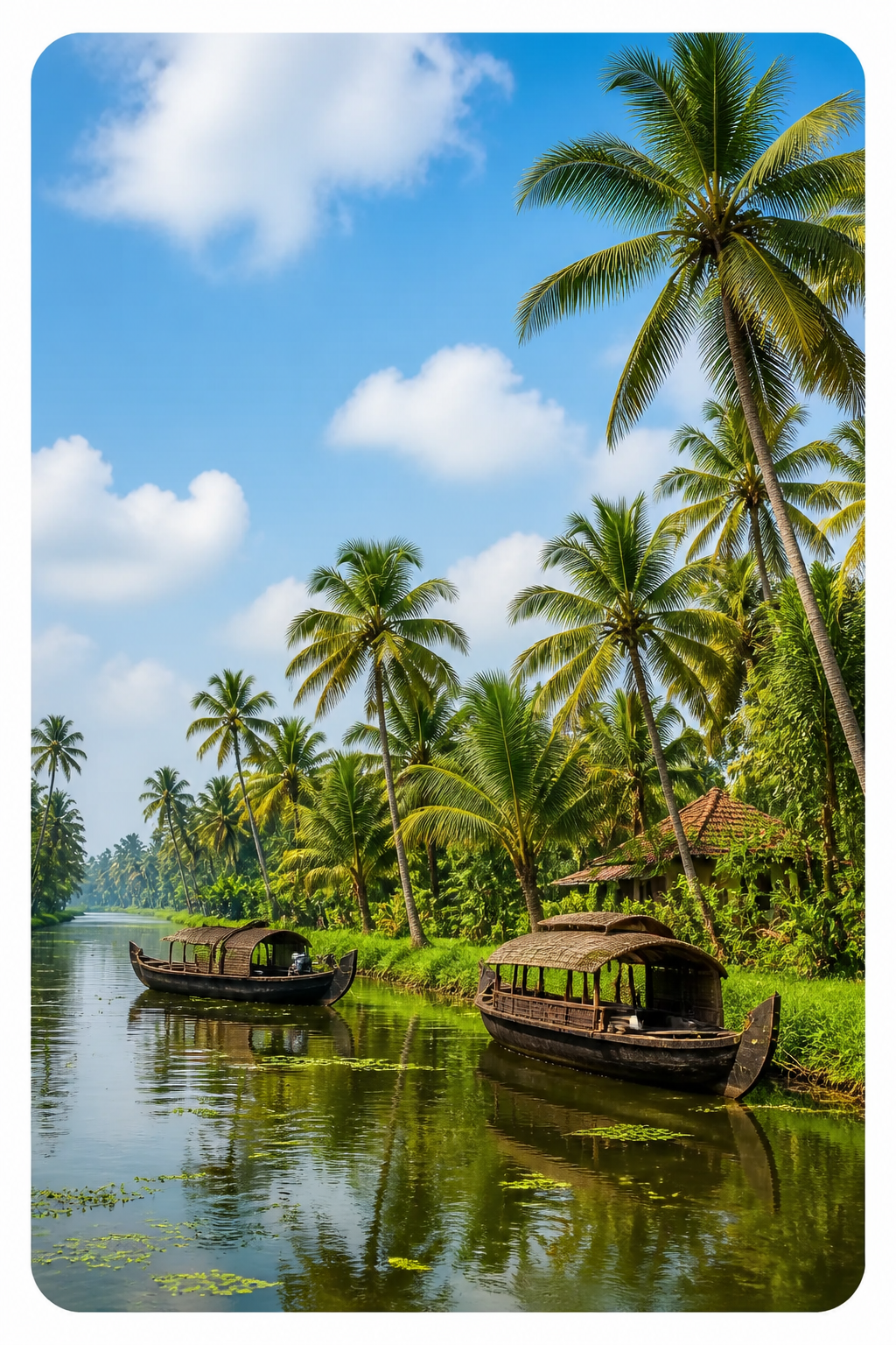 Kerala backwaters with palms and houseboats